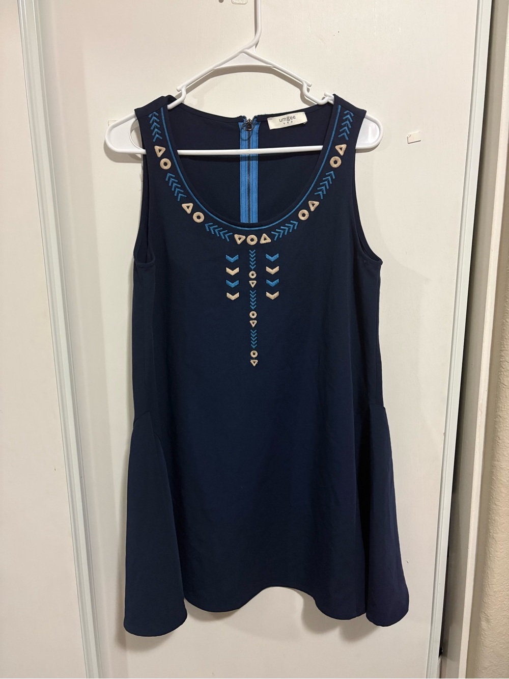 Umgee‎ USA Womens Medium Chambray Tunic Shift Dress Embroidered